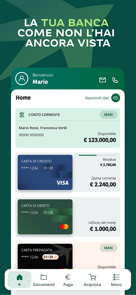 BNL mobile banking app home screen showing current account balances and managed credit and debit cards