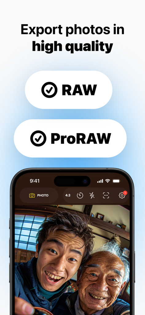 Interfaz de la aplicación Snap Pro Camera resaltando opciones de exportación de fotos RAW y ProRAW de alta calidad.