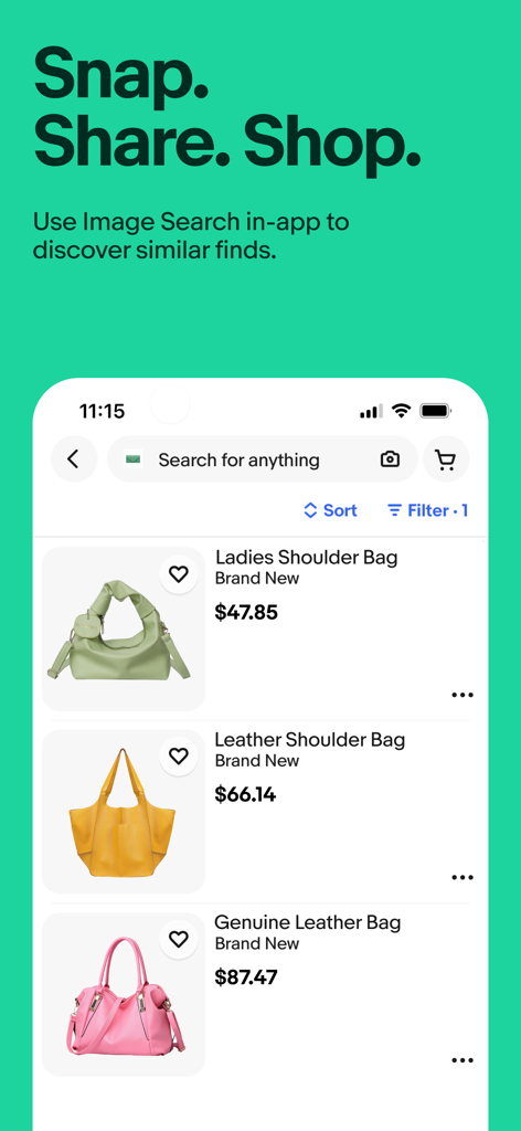 eBay app image search showing various shoulder bags for sale.