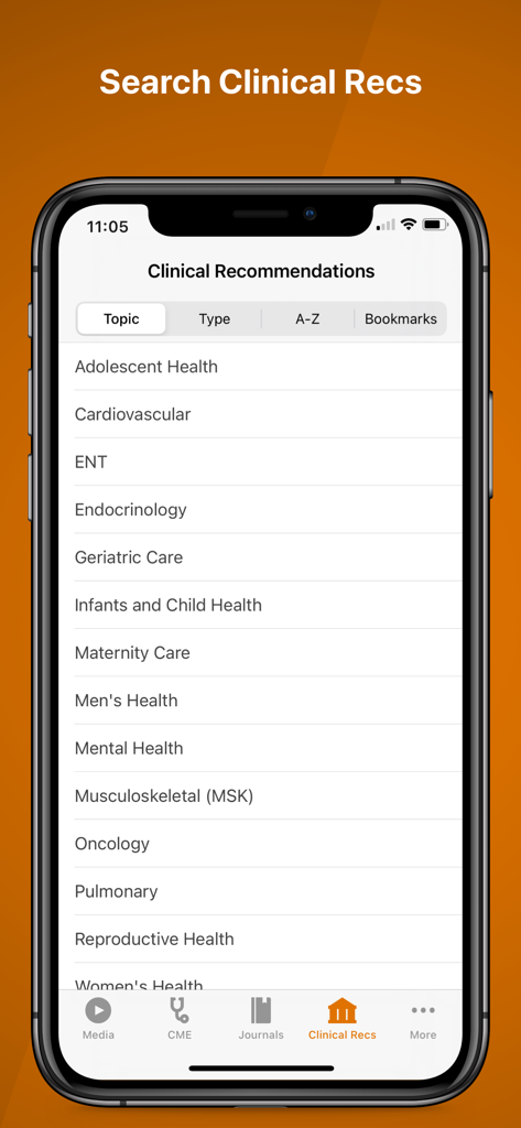 AAFP - Screenshot of the AAFP app showing a list of clinical recommendations organized by topics such as Adolescent Health, Cardiovascular, and ENT.