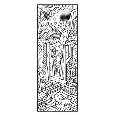 Explore a dramatic ravine landscape brought to life with a dynamic Pop Art aesthetic, perfectly crafted into a stylish bookmark. This unique design offers a thrilling coloring challenge for nature lovers and art enthusiasts alike.