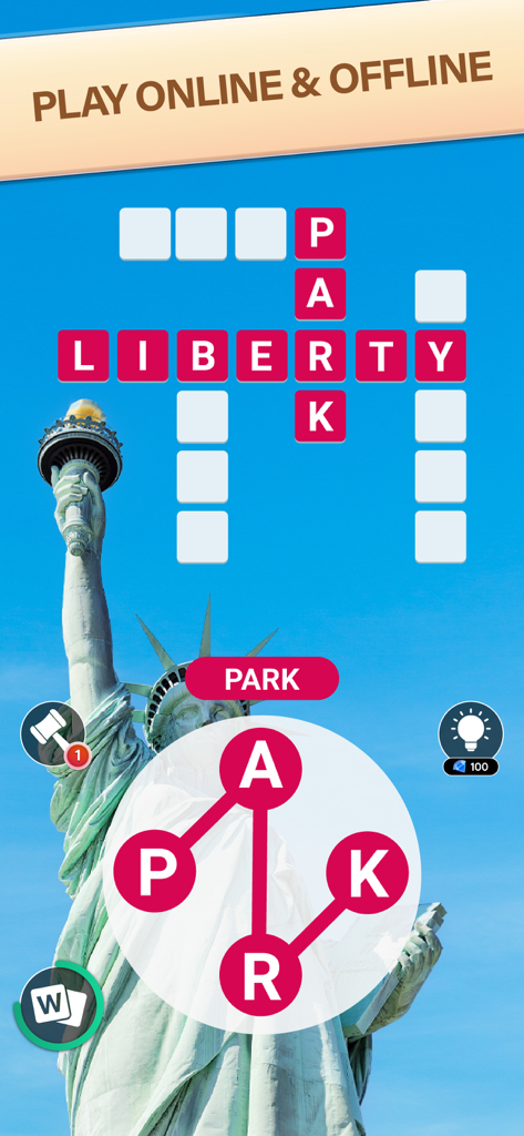 Word City: Connect Word Game - Word City Connect Gameplay, das ein Worträtsel vor einem Hintergrund der Freiheitsstatue zeigt