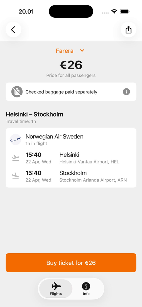 ノルウェー・エア・スウェーデン航空のヘルシンキからストックホルムへの26ユーロのフライトを表示するモバイルアプリ画面
