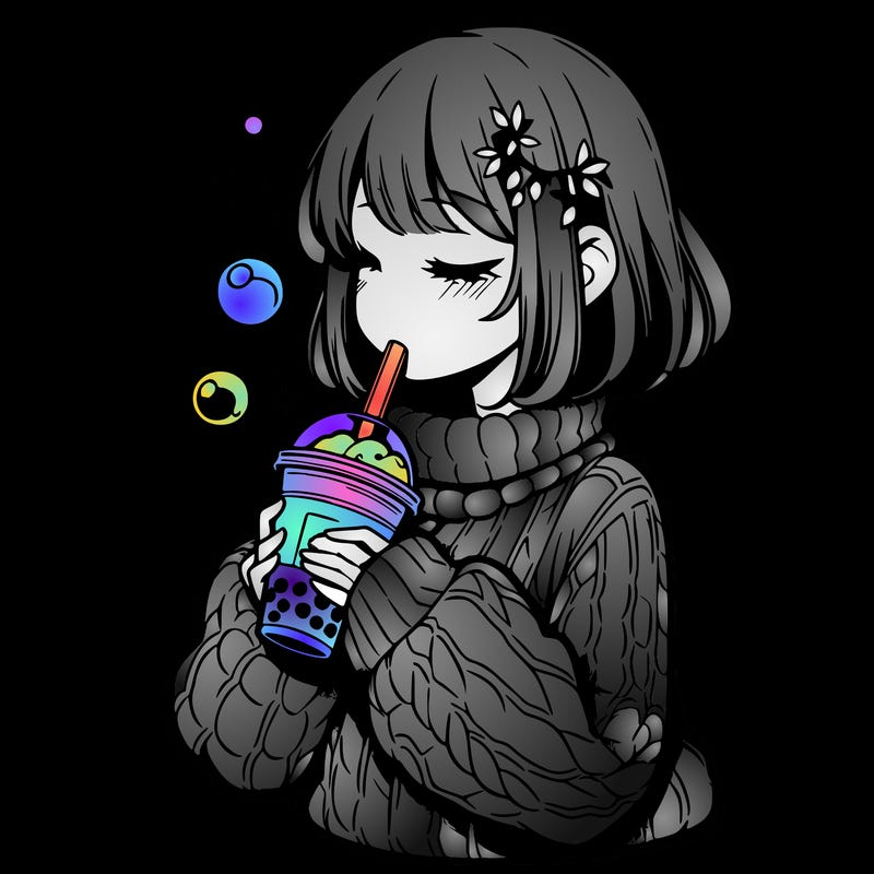manga girl drinking boba in cozy sweater