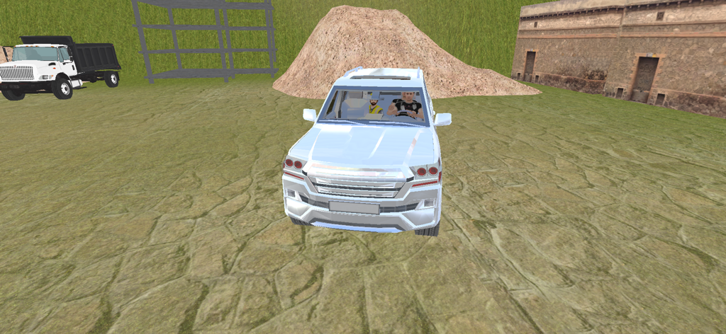 Real City Construction Games - Un SUV blanco aparcado en un sitio de construcción con un camión volquete y un montón de tierra en un juego de simulación.