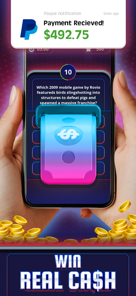 Skillz™ Trivia Showdown - Juego de Skillz Trivia Showdown que muestra una pregunta de trivia y una notificación de pago de PayPal por ganar dinero real.