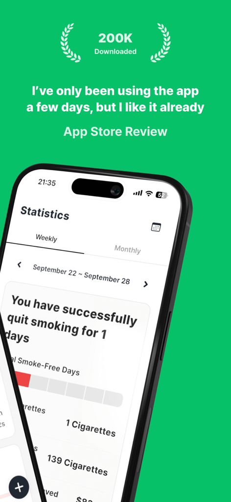 Stop Smoking - Quit Tracker - Screenshot of the Stop Smoking app showing smoke-free statistics and a user review.