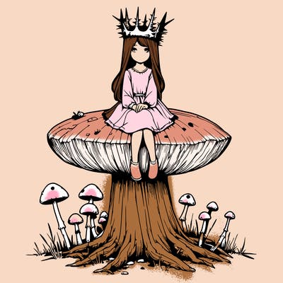 realistic girl sitting on a huge tree stump size toadstool with thorn crown