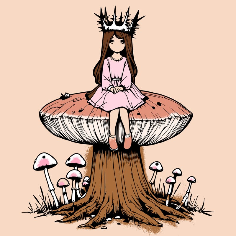 realistic girl sitting on a huge tree stump size toadstool with thorn crown