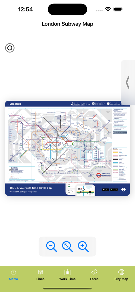 Mapa digital del Metro de Londres dentro de la aplicación London Subway Map con menú de navegación y herramientas de zoom