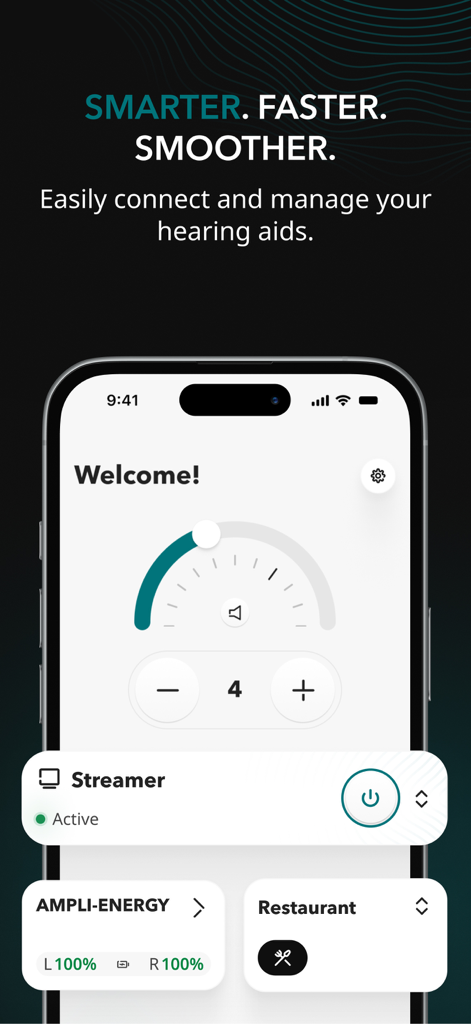 Miracle-Ear App-Bildschirm, der Lautstärkeregelung und Statusanzeigen für Hörgeräte zeigt