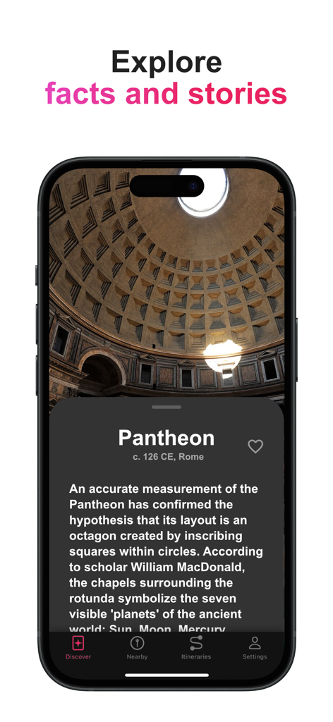 A smartphone screen displaying historical facts and information about the Pantheon in Rome within the Tadarc app.