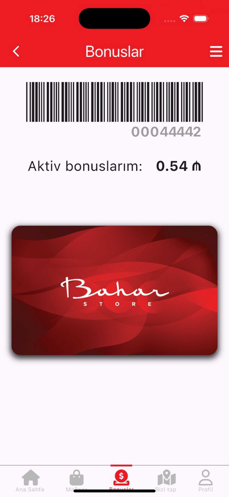 Bahar Store - Bahar Store digital loyalty card screen with barcode and active bonus points balance