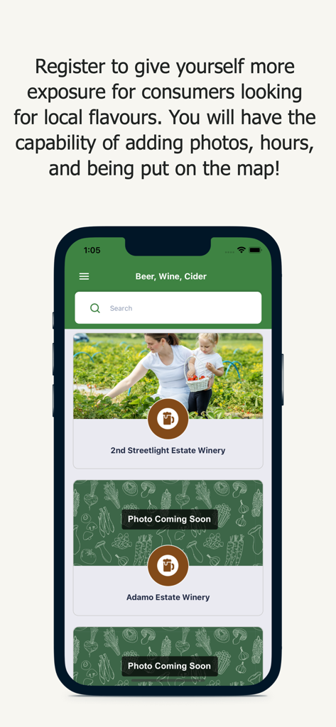 Farm Fresh Finder - Screenshot of Farm Fresh Finder app displaying local winery and cider house listings under the Beer Wine Cider category.