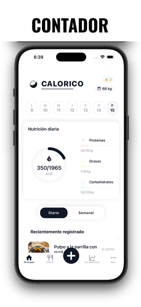 Calorico: Contador de Calorias - Calorico app interface showing daily calorie counter and macro tracking statistics