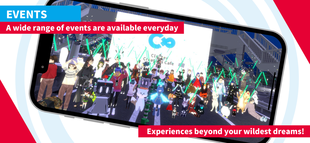 Cluster - Chat, Talk & Game - Clusterメタバースアプリでのバーチャルイベントのために集まった多様な3Dアバターのグループ