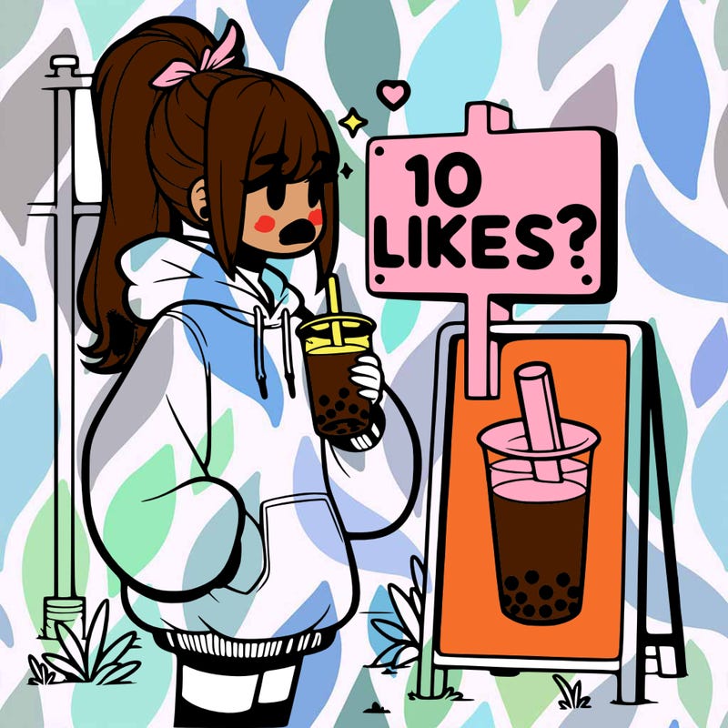 girl with oversized hoodie drinking boba and she has a high ponytail with a sign that says 10likes?