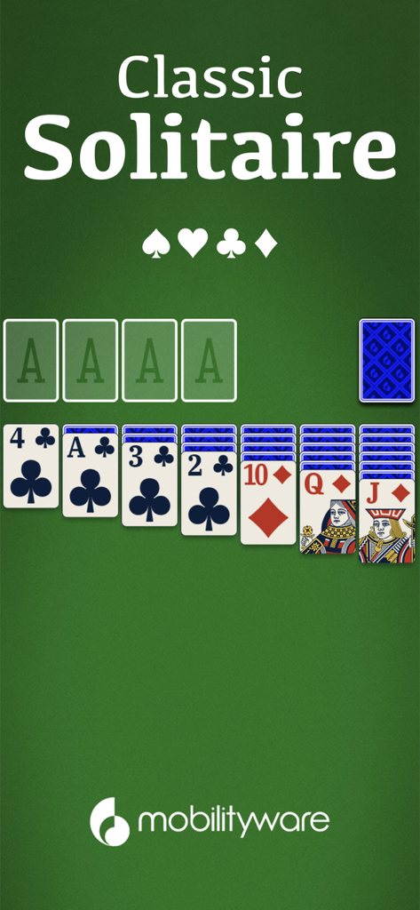 Solitaire - Una captura de pantalla del juego Classic Solitaire de MobilityWare que muestra las cartas dispuestas sobre un fondo tradicional de fieltro verde.