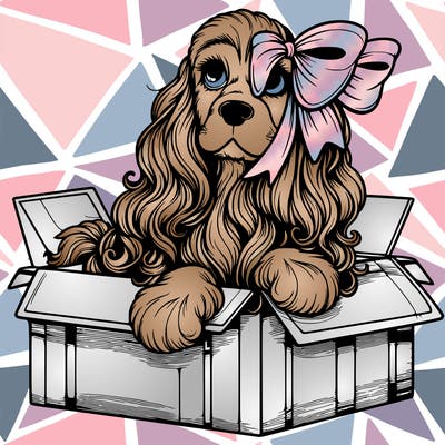 a spaniel american cocker with a beautiful bow coming out if a box realistic cute