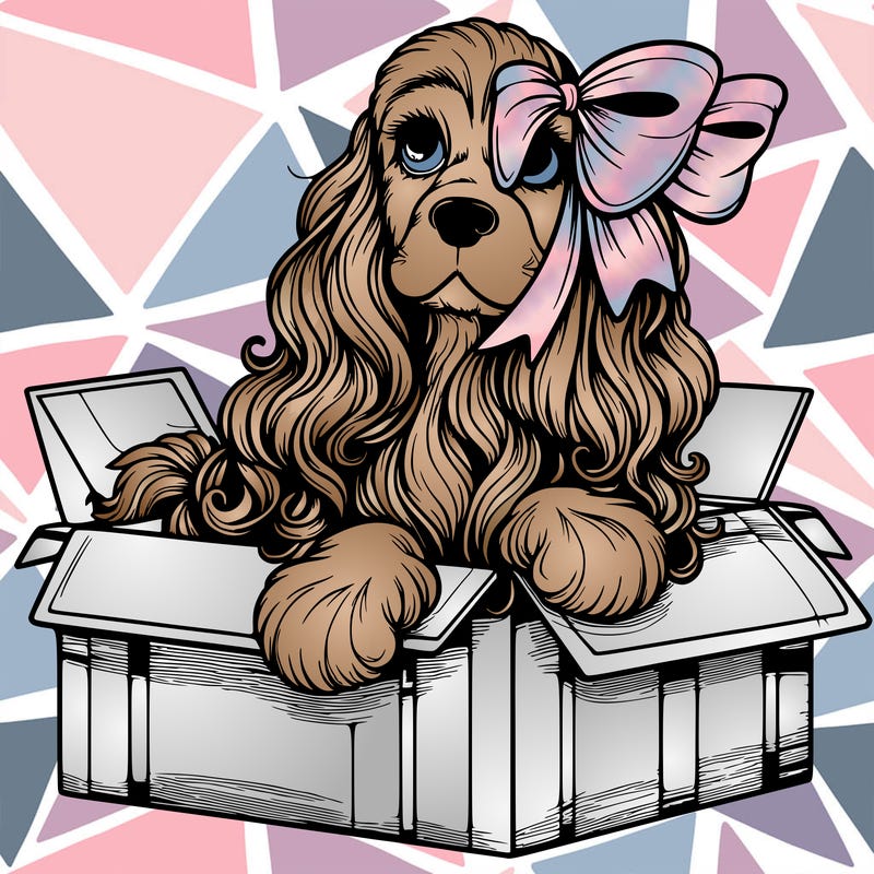 a spaniel american cocker with a beautiful bow coming out if a box realistic cute