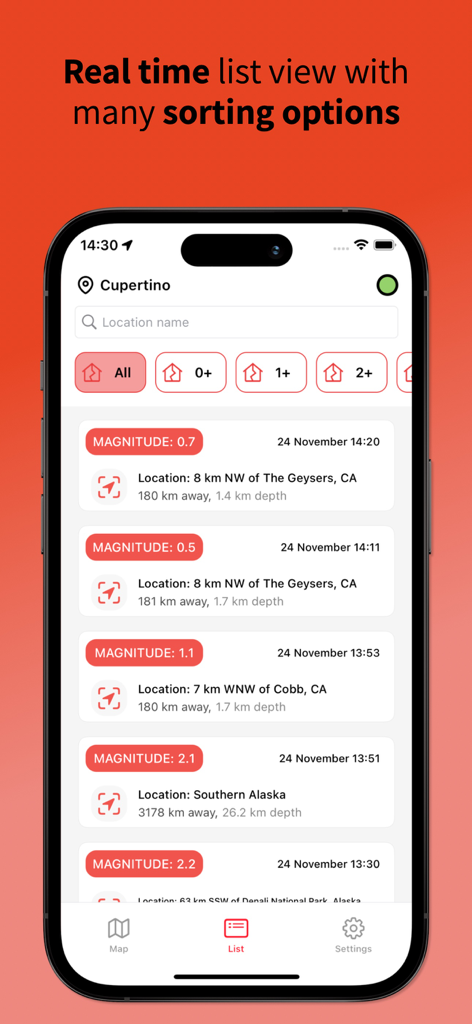 Earthquake Hub - Liste en temps réel des séismes avec filtres de magnitude et détails de localisation dans l'interface de l'application Earthquake Hub.