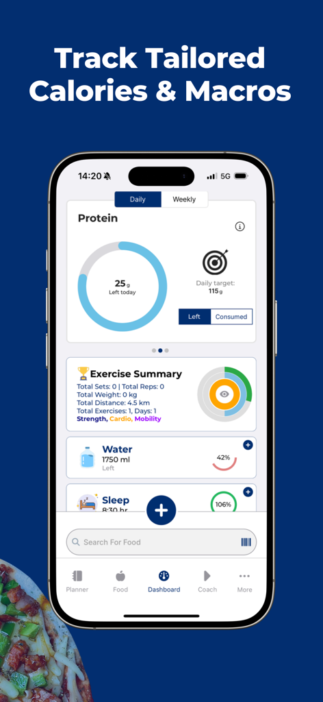 The Fitness Chef - Dashboard view of The Fitness Chef app showing protein macro targets exercise summary and water intake tracking