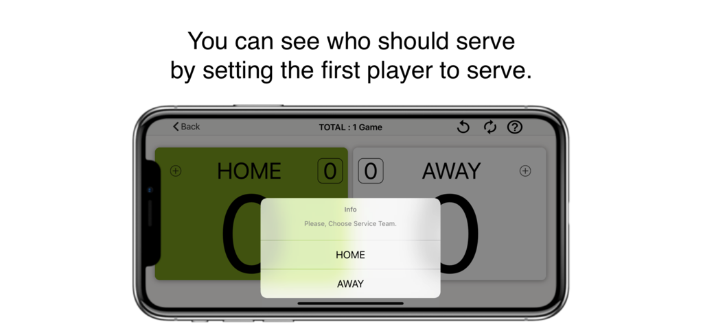 Table tennis scoreboard app interface for choosing the initial serving team