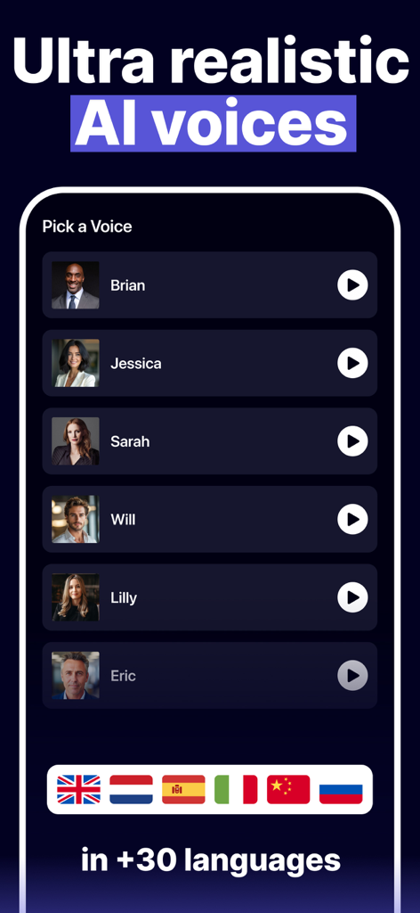 Dub AI: Video, Voice Changer - Dub AI app interface displaying a list of realistic AI voices and supported language flags