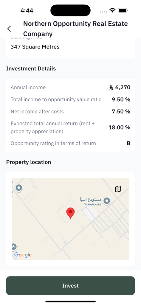 HissaTech - HissaTech app screen displaying investment details and a property location map