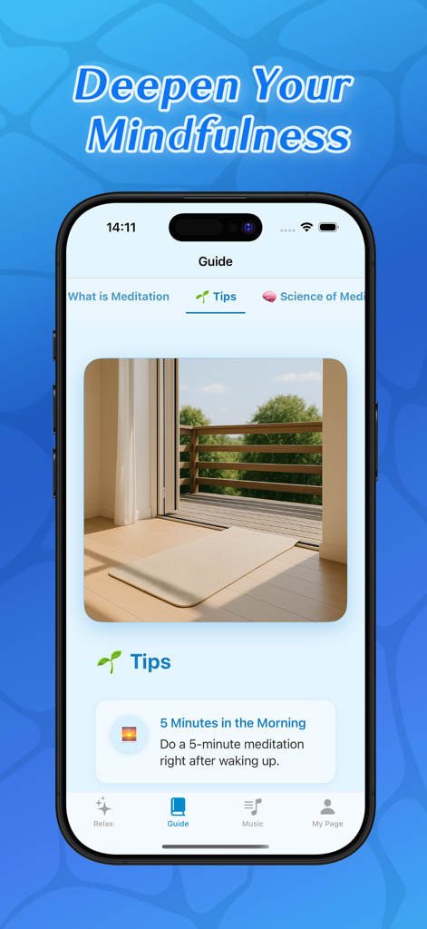 AQUA - Meditative Video Chat - Tela do smartphone exibindo a seção de guia do aplicativo AQUA com dicas de mindfulness e uma sugestão de meditação matinal.