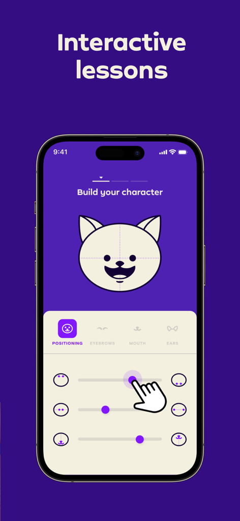 Simply Draw: Learn to Draw - Simply Draw app screenshot showing an interactive lesson to build a character face using sliders