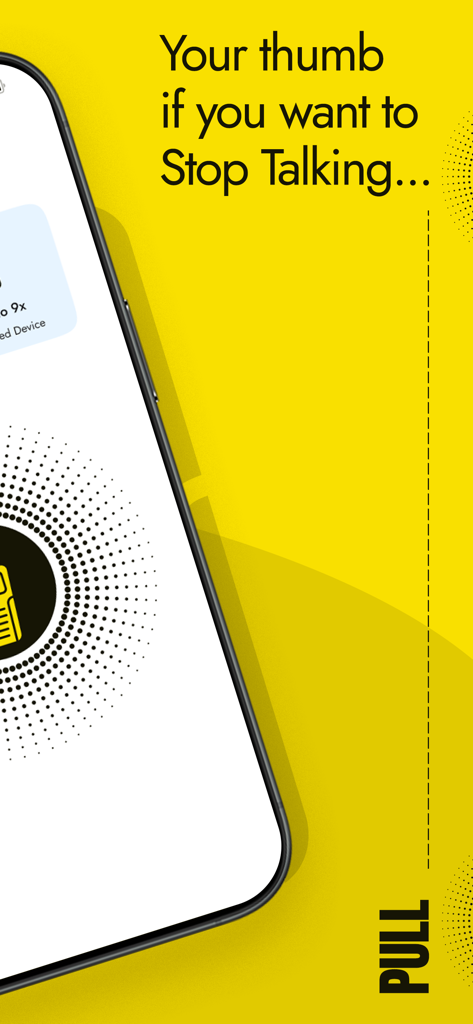 Walkie Talkie Offline - Primer plano de la interfaz de la aplicación Walkie Talkie Offline en un iPhone que muestra un botón de pulsar para hablar sobre un fondo amarillo y blanco.