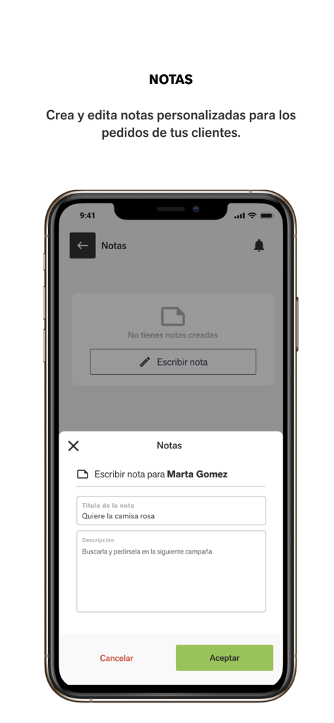 Management of personalized notes for customer orders in the Negocio Leonisa app