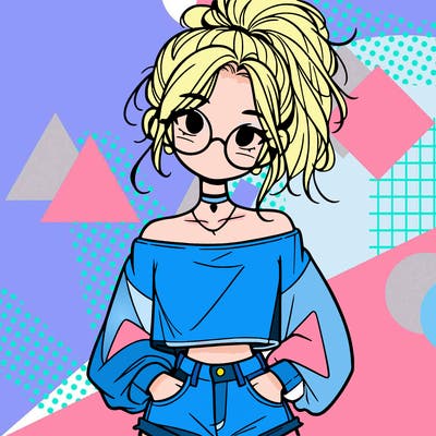 girl with a messy ponytail glasses a baggy crop top and jean shorts