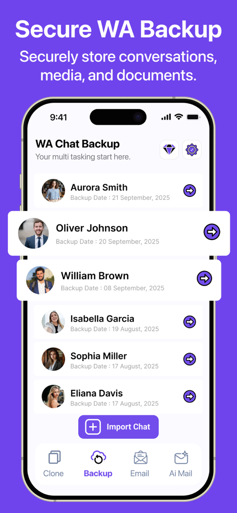Dual Space - Multi Accounts - Interfaz de la aplicación Dual Space que muestra una copia de seguridad segura de chats de WhatsApp con una lista de conversaciones y fechas guardadas.