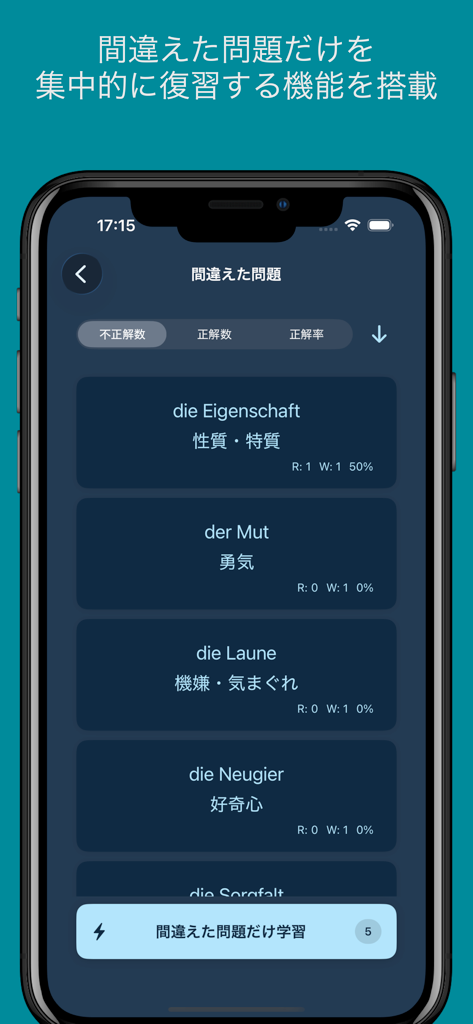 Intermediate German vocabulary app interface showing a list of incorrect words for focused review with Japanese translations.