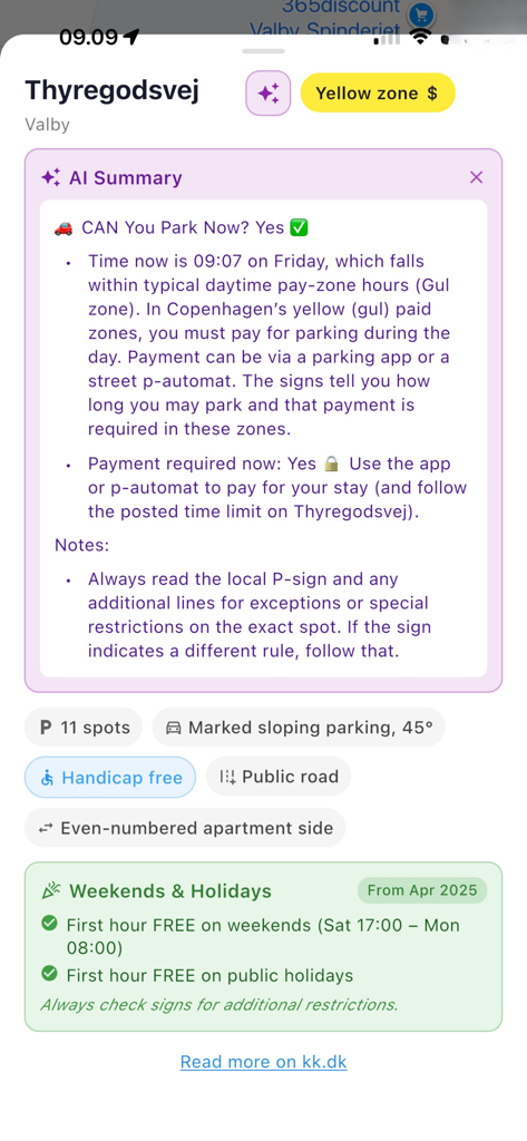 Legal Parking app interface showing an AI summary of parking rules and availability for a street in Copenhagen