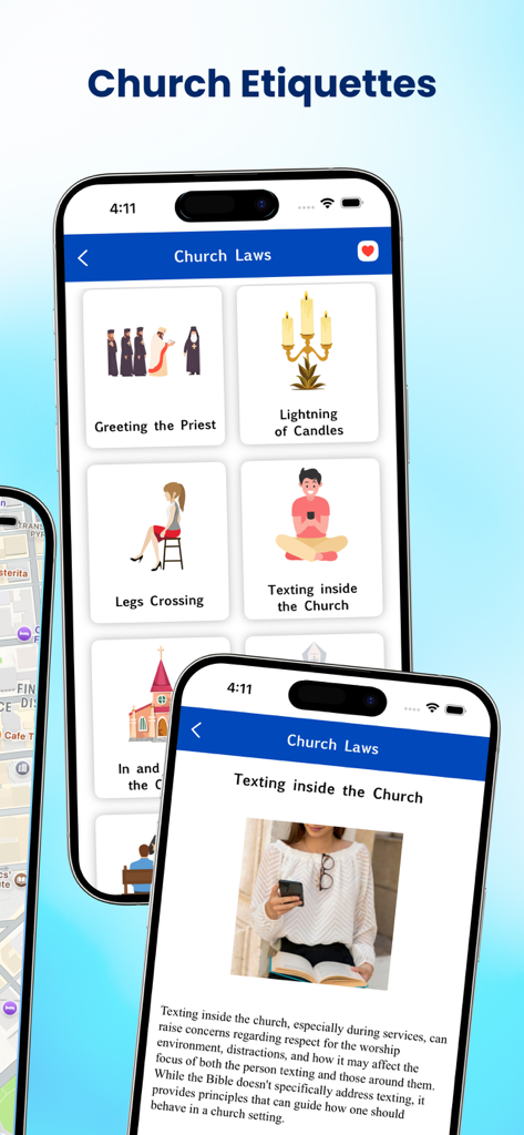 Interface of the Tagalog Bible app showing the Church Etiquettes and Church Laws section with religious guidance icons.