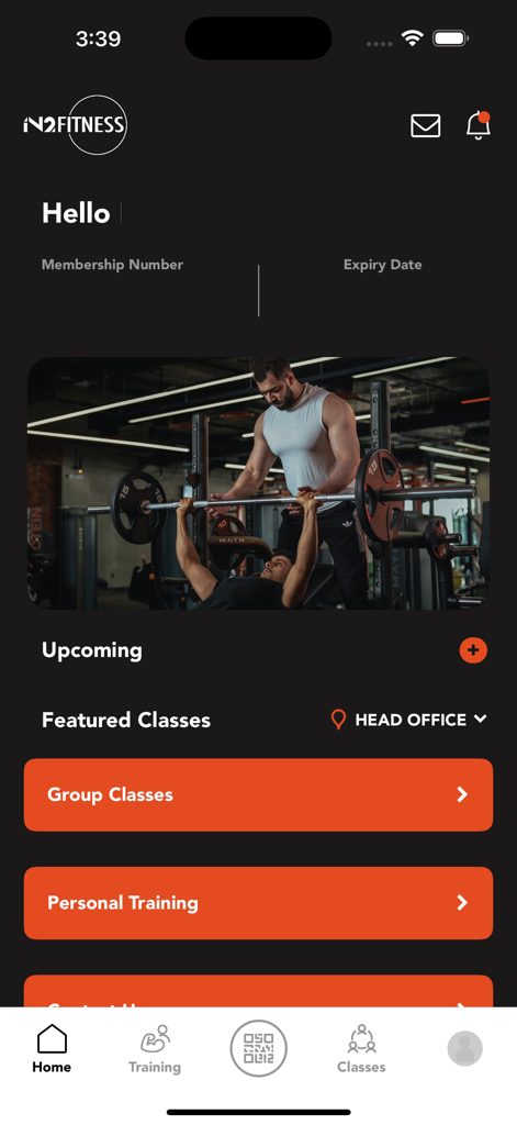 IN2 Fitness - IN2 Fitness app home screen showing group classes and personal training options