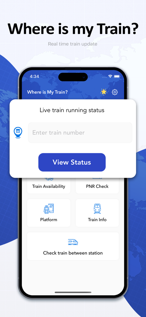 Where is My Train: Live Status - Une interface d'écran mobile de l'application Where is My Train montrant la recherche de statut de train en direct et les fonctionnalités de voyage.
