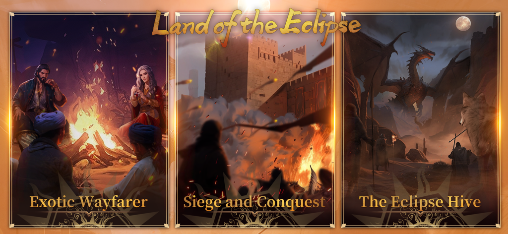 Sands of Salzaar - Three panels showcasing Sands of Salzaar features including desert travel, castle sieges, and dragon encounters.