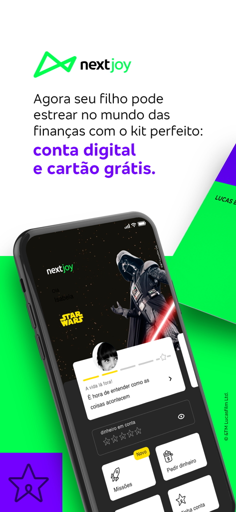 Mobile interface of nextJoy banking app for kids featuring Star Wars Darth Vader theme