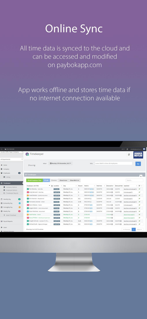 Desktop view of the Timekeeper payroll dashboard showing employee time tracking records and cloud synchronization features.