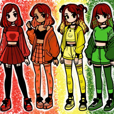 one girl with crop-top shirt and a jacket with a skirt, long socks and another girl with a shirt and pants with a jacket