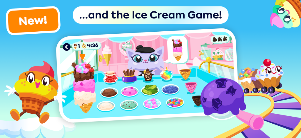 Eine lila Katzenfigur, die in der Lern-App Moshi Play buntes Eis serviert