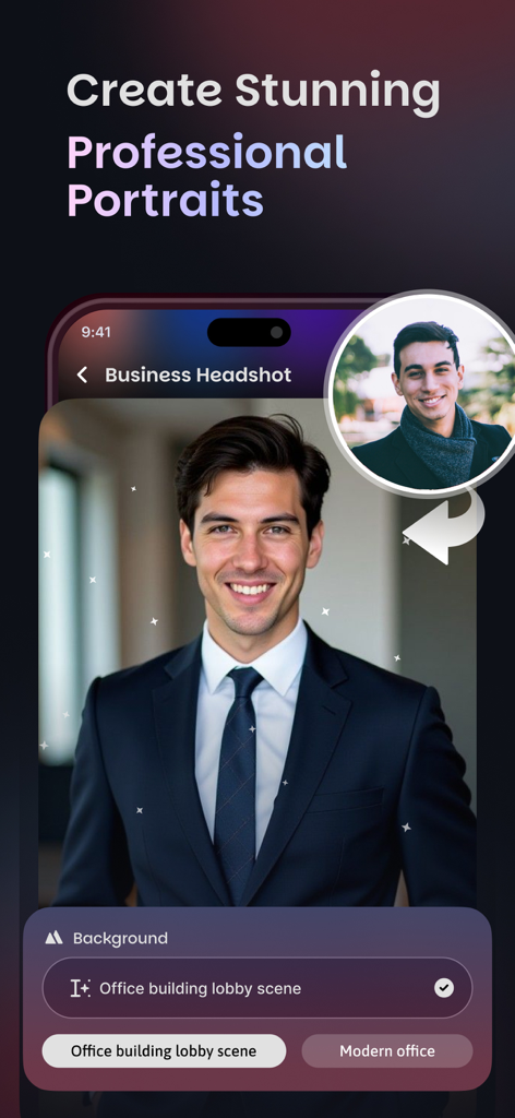 AI Photo Maker - Vintage Photo - Interface do aplicativo AI Photo Maker mostrando uma foto casual sendo transformada em um headshot de negócios profissional com um fundo de escritório.