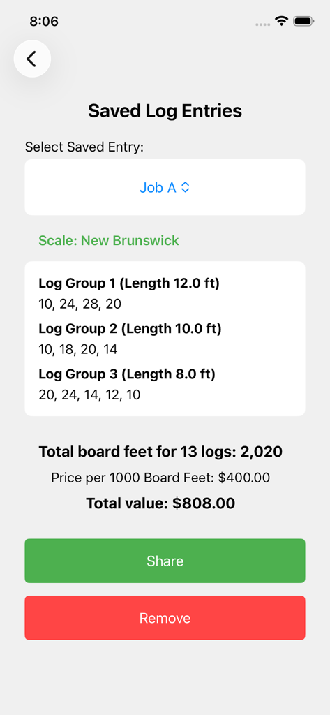 Saved log entries screen showing total board feet and financial valuation for a job