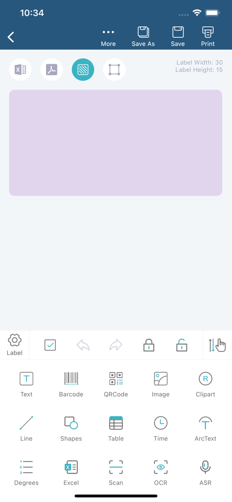 WePrint app interface showing a label design workspace with tools for barcodes QR codes and text