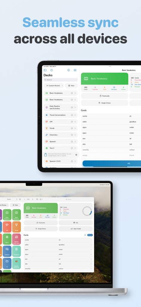 Memorize study app interface on iPad and Mac showing seamless cross device synchronization.