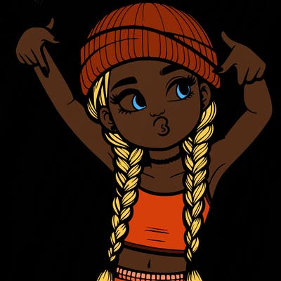 realistic teenage girl with braids and a beanie and crop top doing 🫶🏼